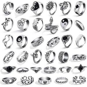 35 Pcs Vintage Silver Knuckle Rings Set for Women Men, Grunge Gothic